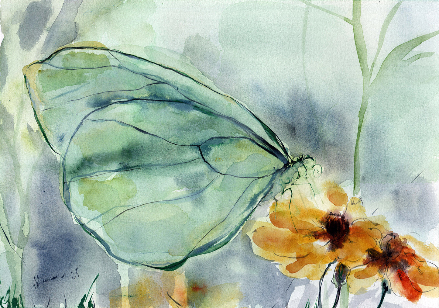 Green butterfly watercolour art, original artwork. Nature watercolor wall art for home