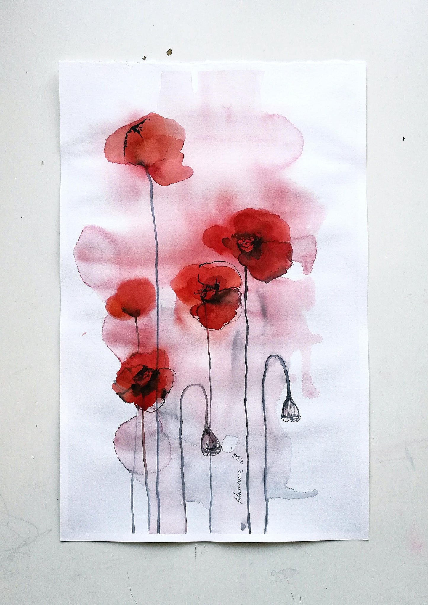 California poppy painting - original watercolor. Water color picture of red flowers