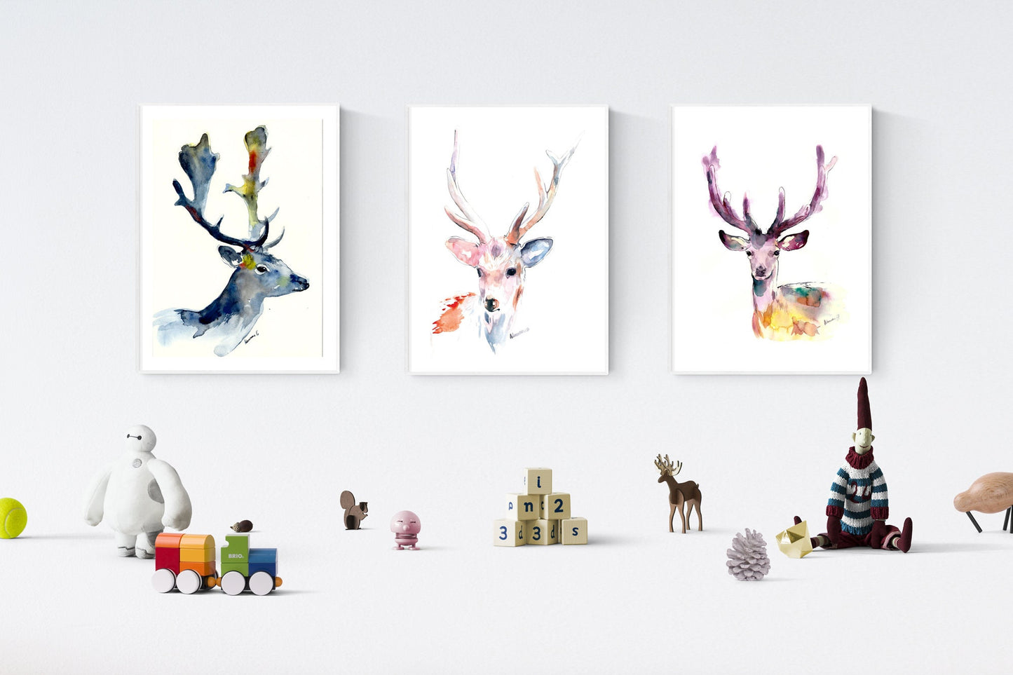 Deer artwork watercolor wall art print. White deer nursery watercolour