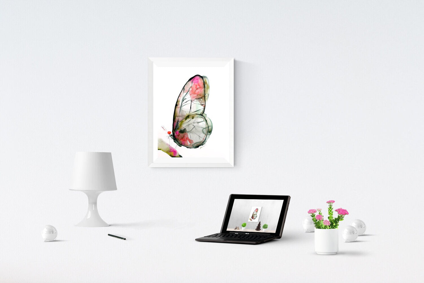 Butterfly Watercolor Art Print, Green and Pink Nature Room Decor