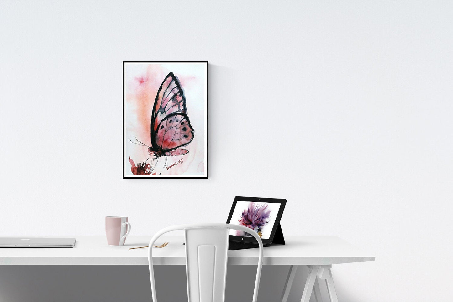 Pink butterfly wall art - original watercolor painting. Watercolour art for living room, bedroom, or nursery