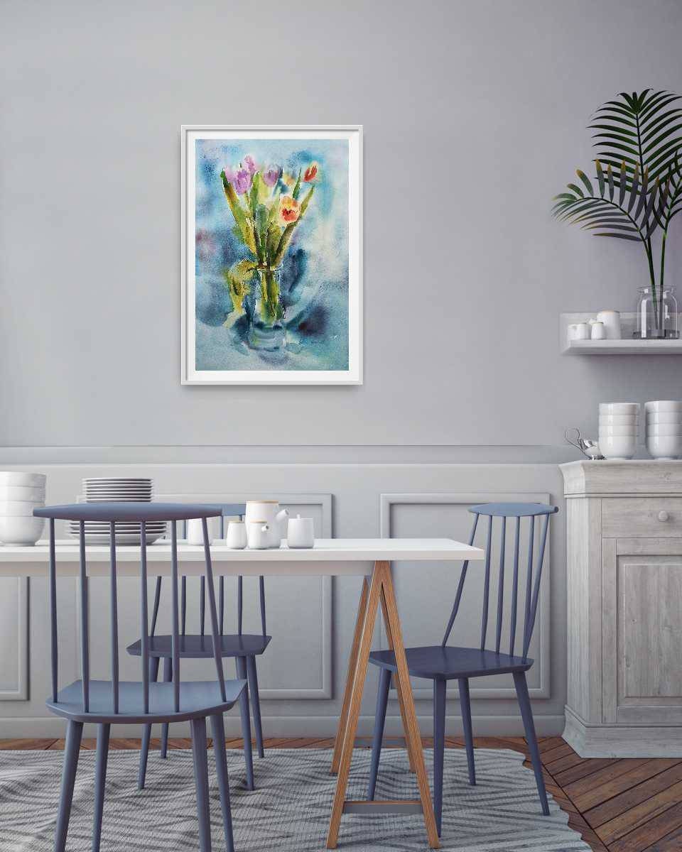 Turquoise watercolor painting of tulips - original wall art for home