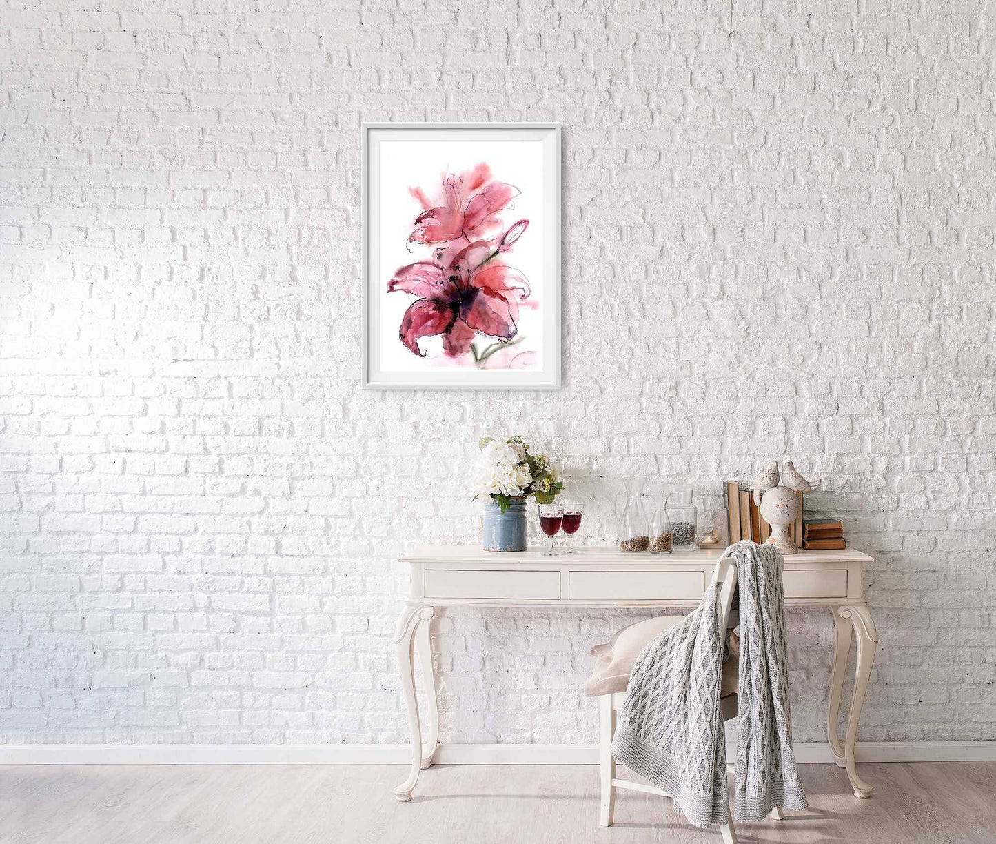 Lily painting - Original pink watercolor painting of a flower. Floral wall art for home.