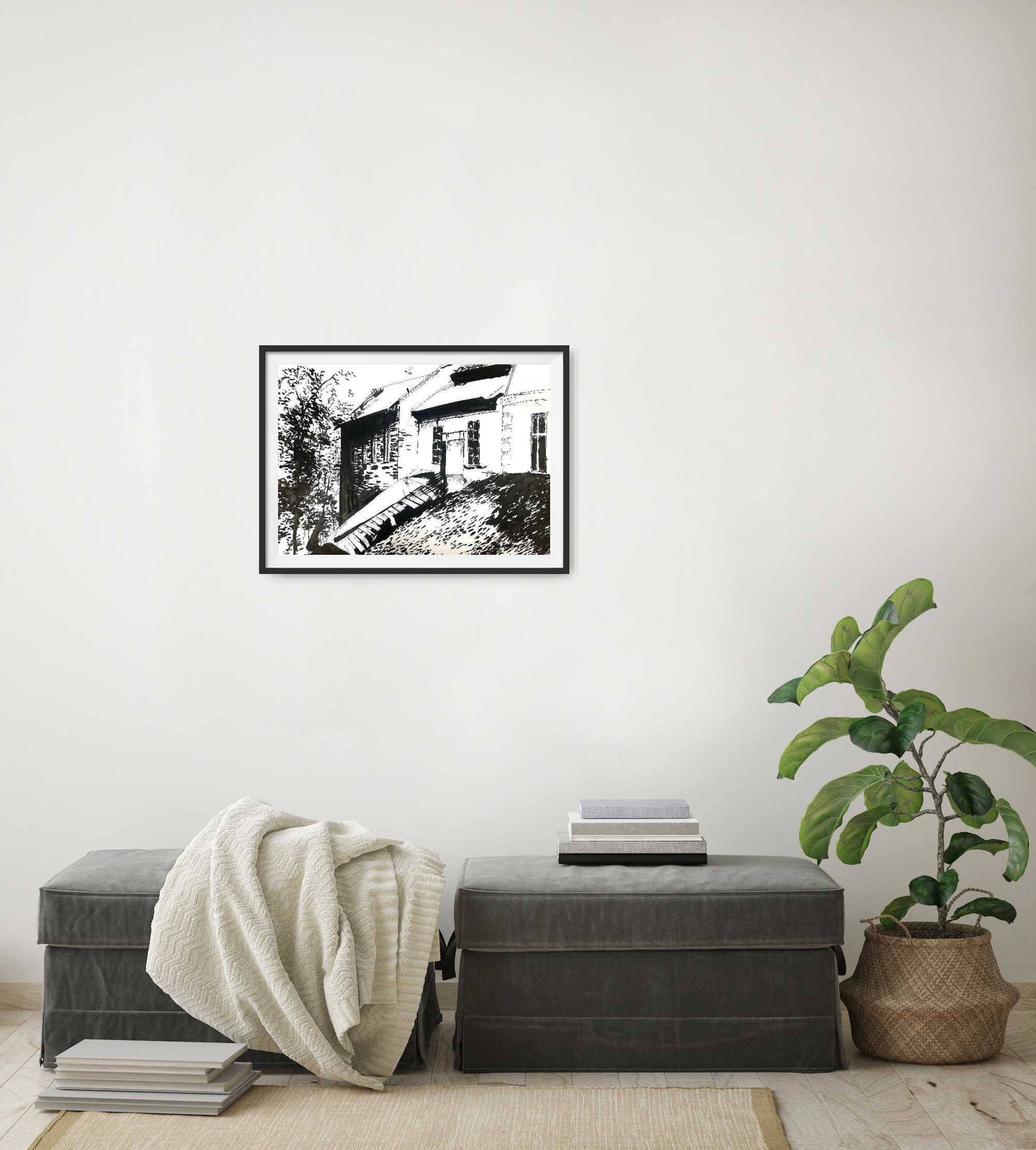 House sketch - pen and ink drawing - black and white wall art