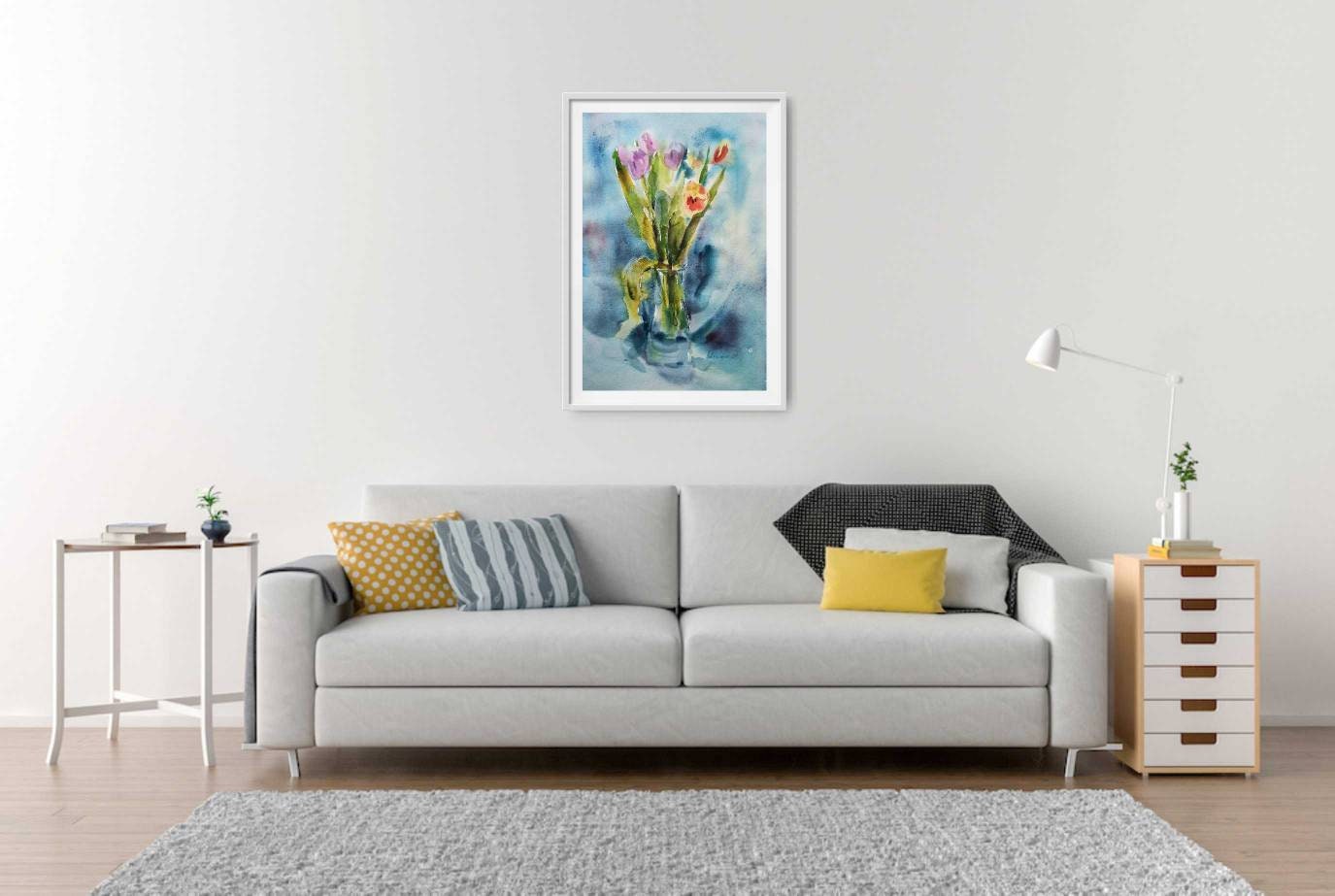 Turquoise watercolor painting of tulips - original wall art for home
