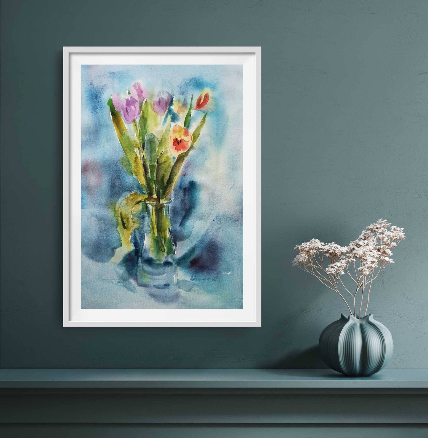Turquoise watercolor painting of tulips - original wall art for home