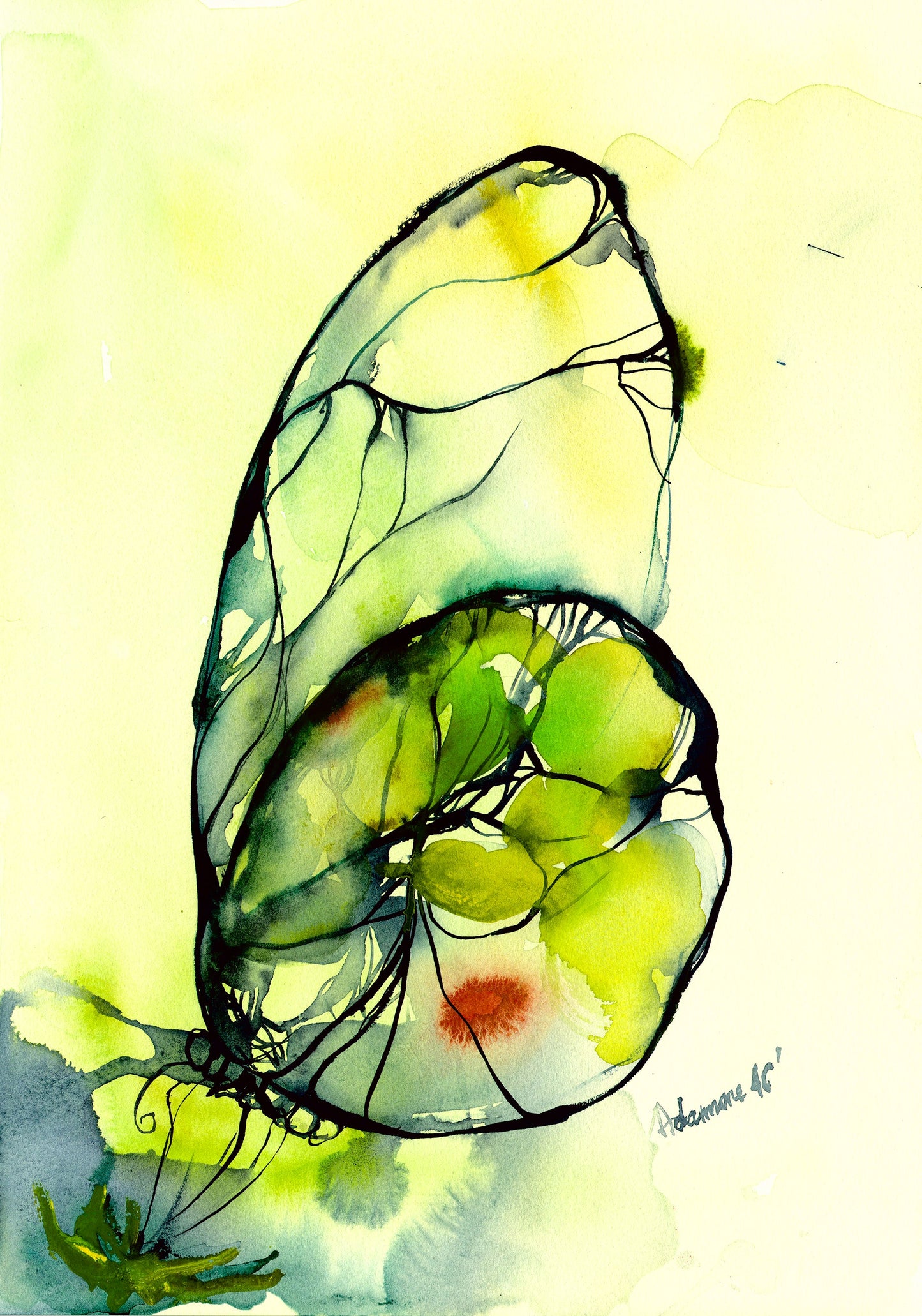 Boho Butterfly Print, Green and Yellow Watercolor Nature Room Decor