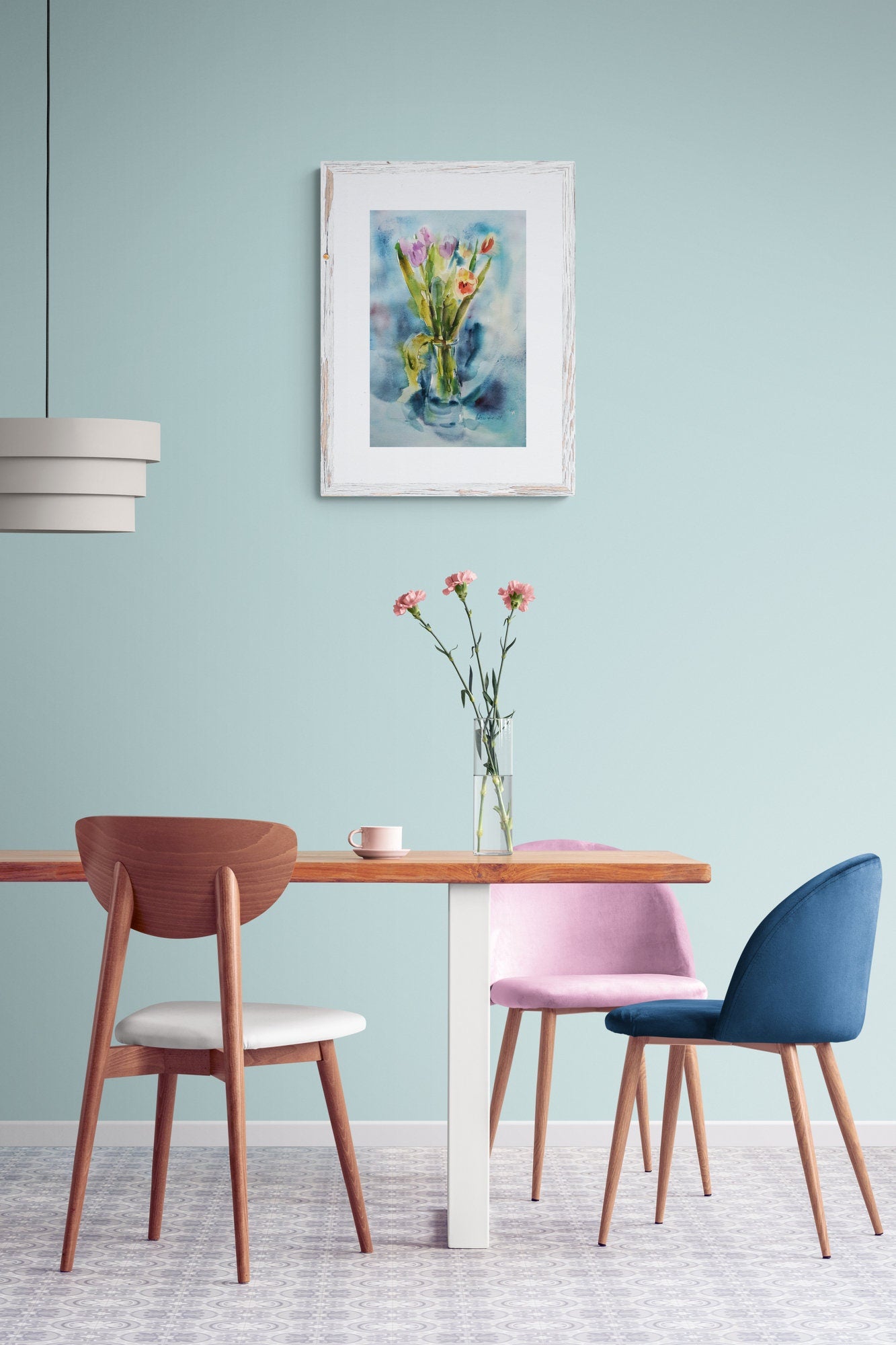 Turquoise watercolor painting of tulips - original wall art for home