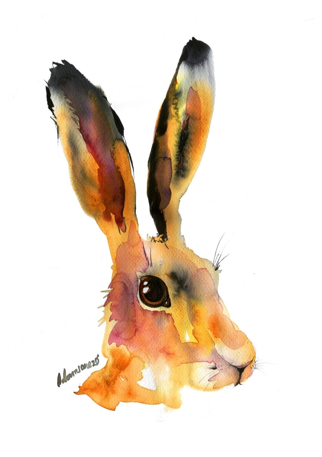 Hare original watercolor painting. Unusual birthday present. Wall art - Cute bunny watercolour picture. Contemporary water color drawing.