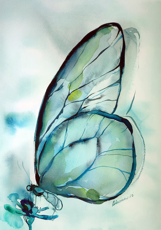 Teal Decor Watercolor Butterfly Original Painting, Emerald Wall Art for Home