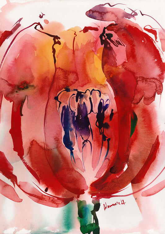 Abstract Floral Watercolor Painting, Bold Red Flower Art, Original Modern Wall Decor, Vibrant Nature-Inspired Artwork