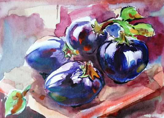 Still Life Original Watercolor Painting "Eggplants" - Vibrant Kitchen Wall Art, Foodie Gift, 12x16 in