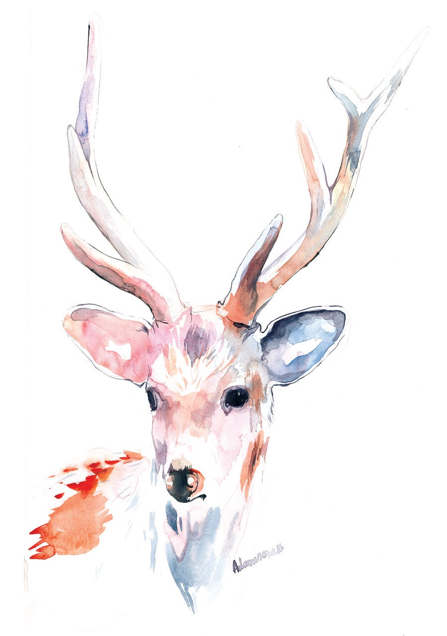 Deer artwork watercolor wall art print. White deer nursery watercolour