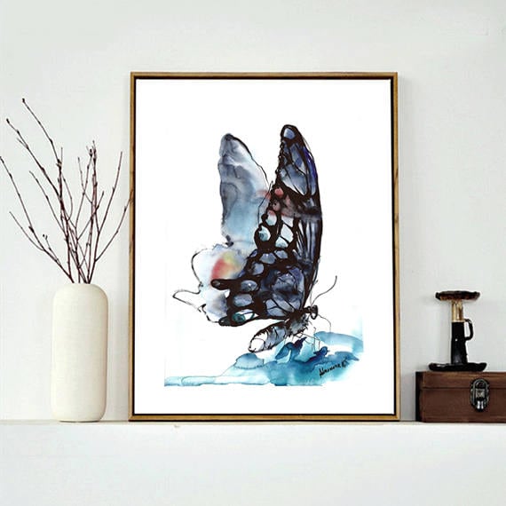 Blue black butterfly - watercolour digital print. A4, A3, 8x11, 11x16 Water color wall art for home or office