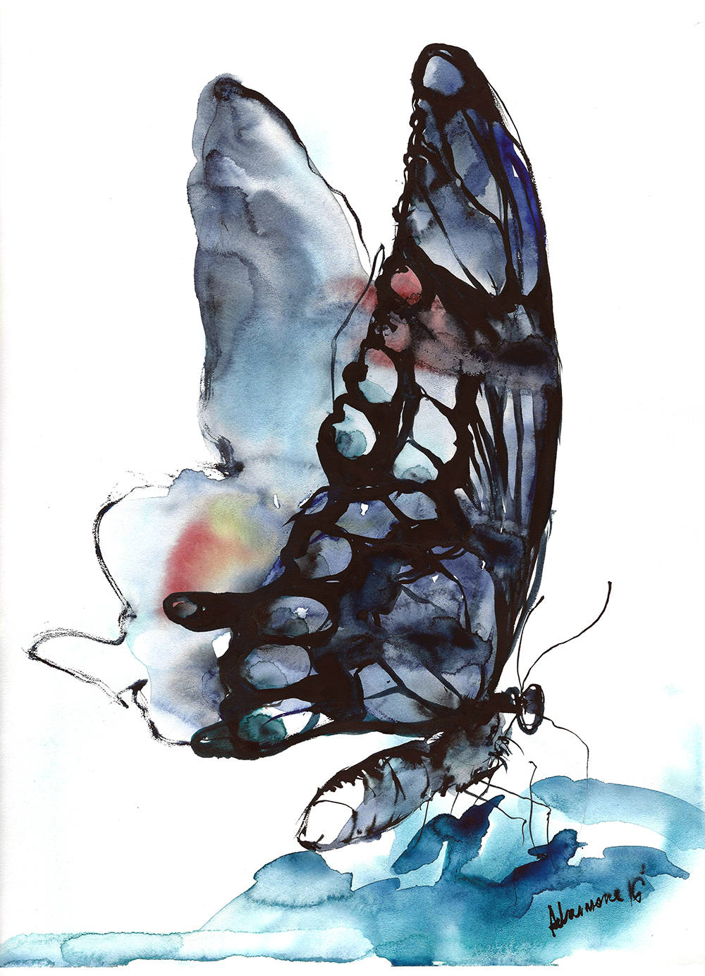 Blue black butterfly - watercolour digital print. A4, A3, 8x11, 11x16 Water color wall art for home or office