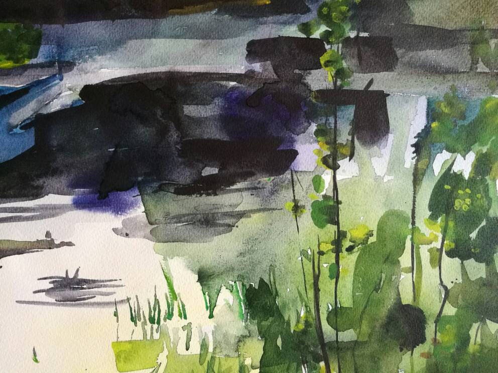 Plein air painting - Original lake artwork - Landscape watercolor painting - River scenery wall art