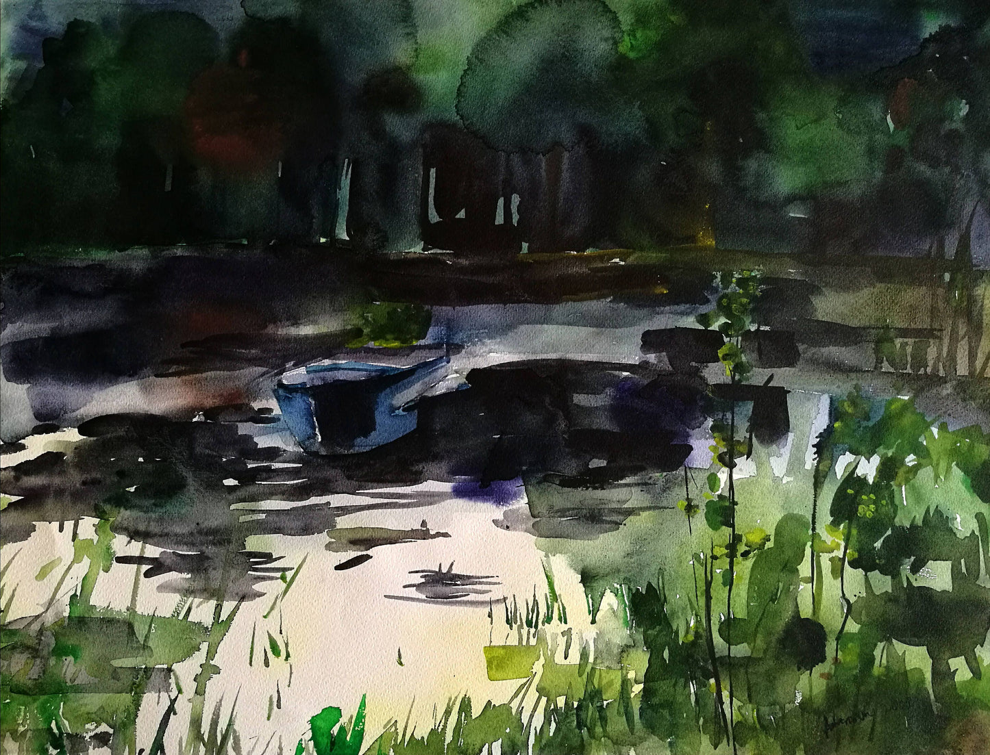 Plein air painting - Original lake artwork - Landscape watercolor painting - River scenery wall art