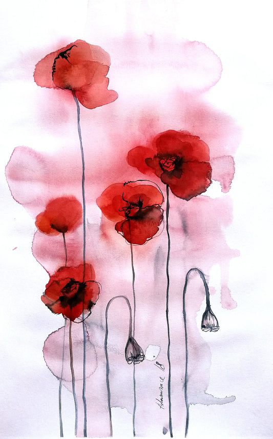 California poppy painting - original watercolor. Water color picture of red flowers