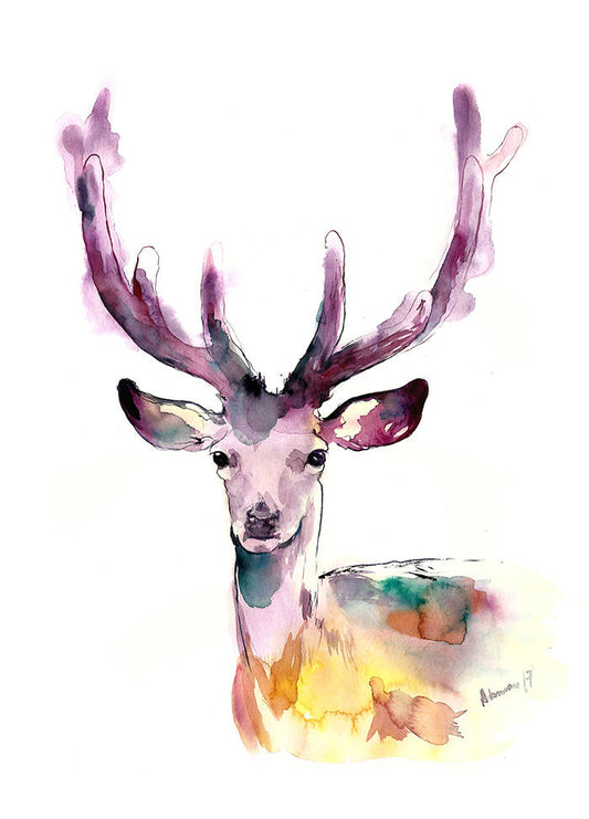 Deer wall art digital Print. Purple Reindeer water color decor for home