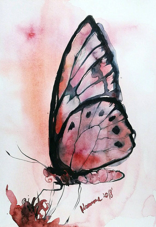 Pink butterfly wall art - original watercolor painting. Watercolour art for living room, bedroom, or nursery