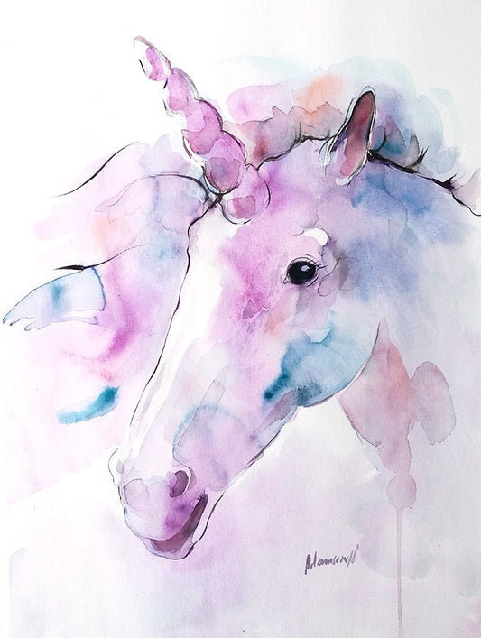 Unicorn painting - last unicorn original watercolor wall art. Nursery purple and turquoise water colour wall decor