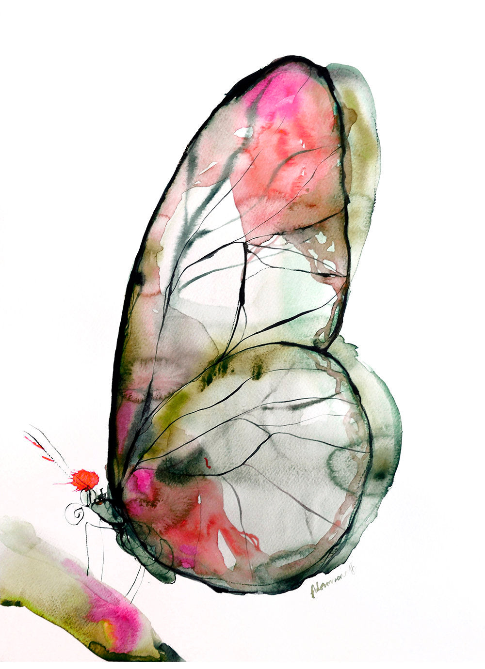 Butterfly Watercolor Art Print, Green and Pink Nature Room Decor
