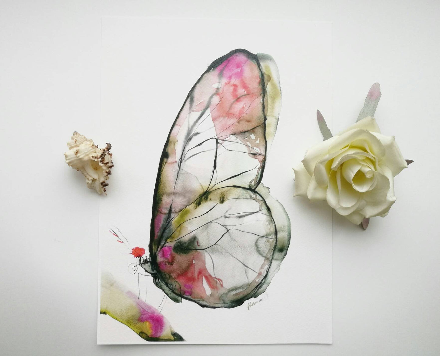 Butterfly Watercolor Art Print, Green and Pink Nature Room Decor