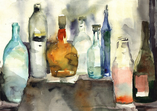 Still Life Print Bottles Vibrant Watercolor. Water color abstract painting for living room