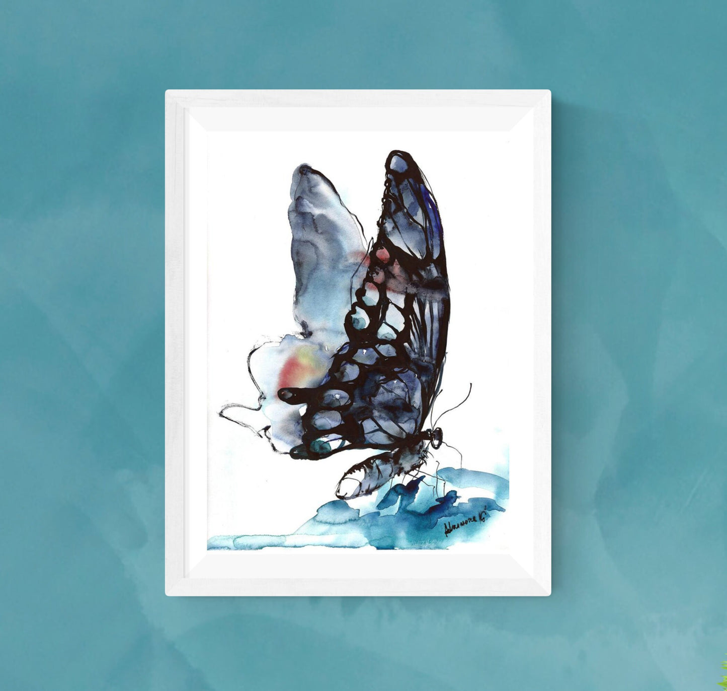 Blue black butterfly - watercolour digital print. A4, A3, 8x11, 11x16 Water color wall art for home or office