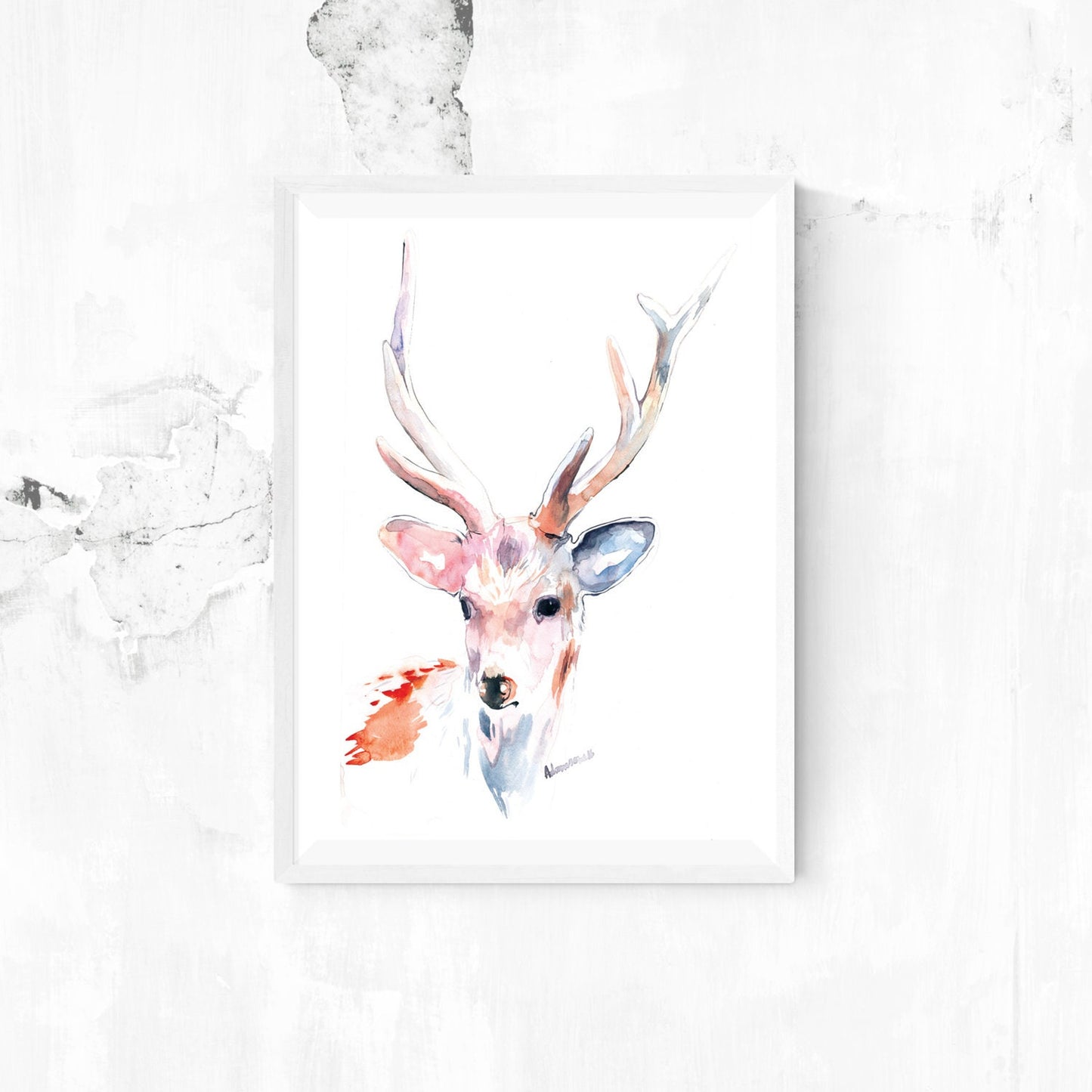 Deer artwork watercolor wall art print. White deer nursery watercolour