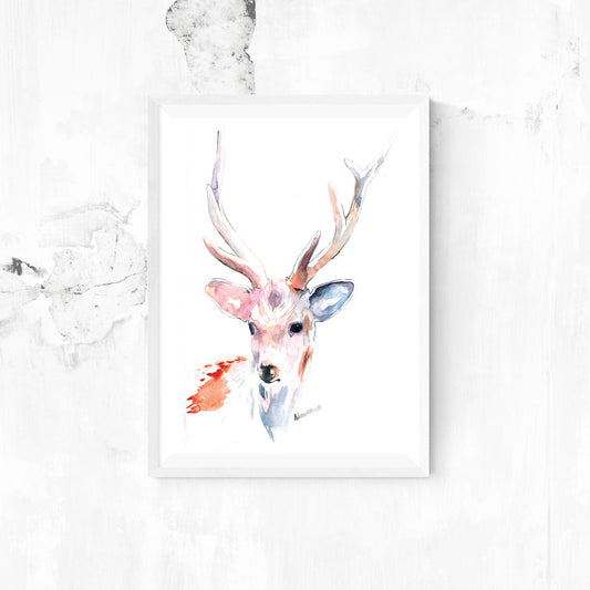 Deer artwork watercolor wall art print. White deer nursery watercolour