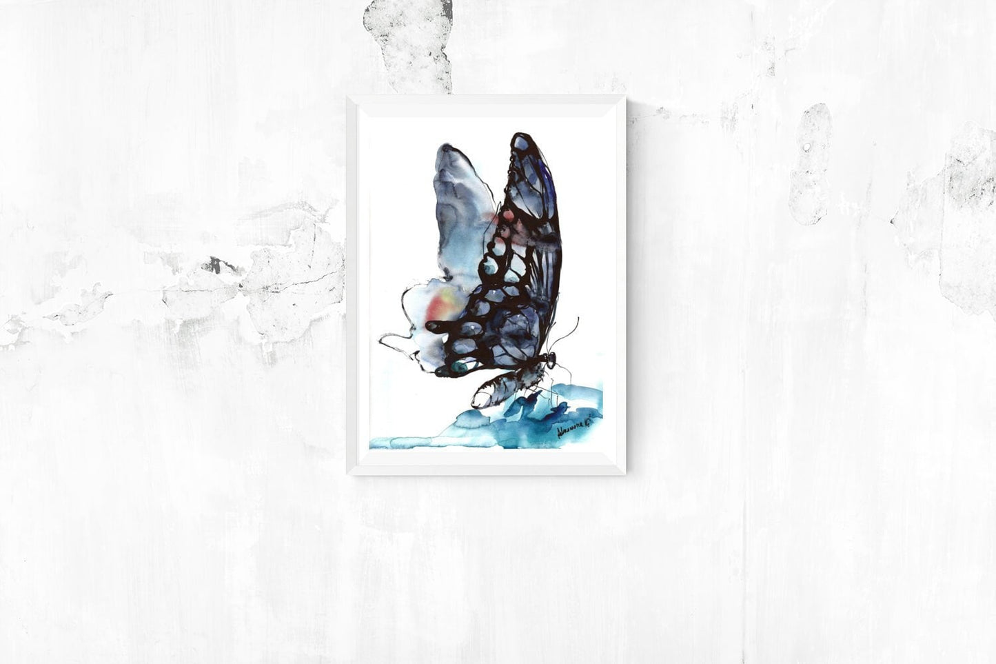 Blue black butterfly - watercolour digital print. A4, A3, 8x11, 11x16 Water color wall art for home or office