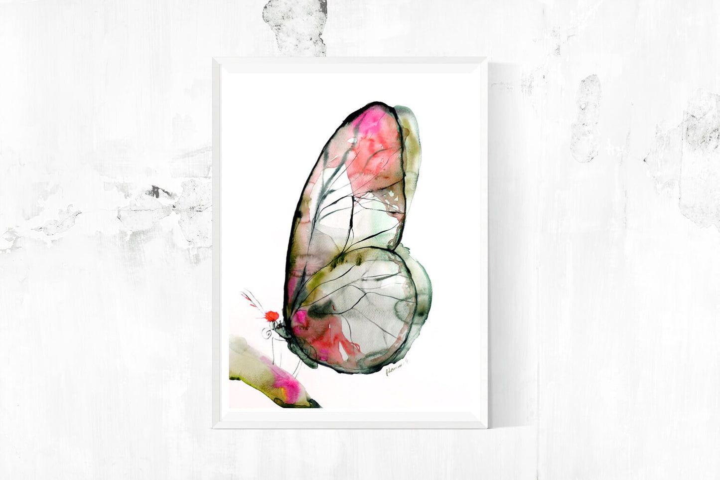 Butterfly Watercolor Art Print, Green and Pink Nature Room Decor