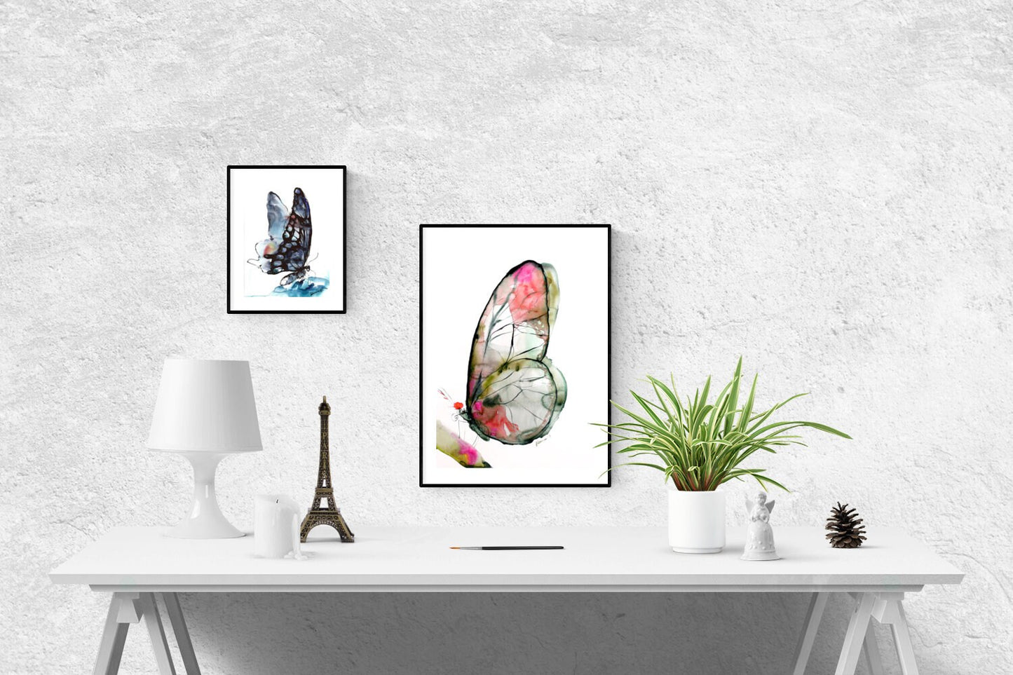 Butterfly Watercolor Art Print, Green and Pink Nature Room Decor