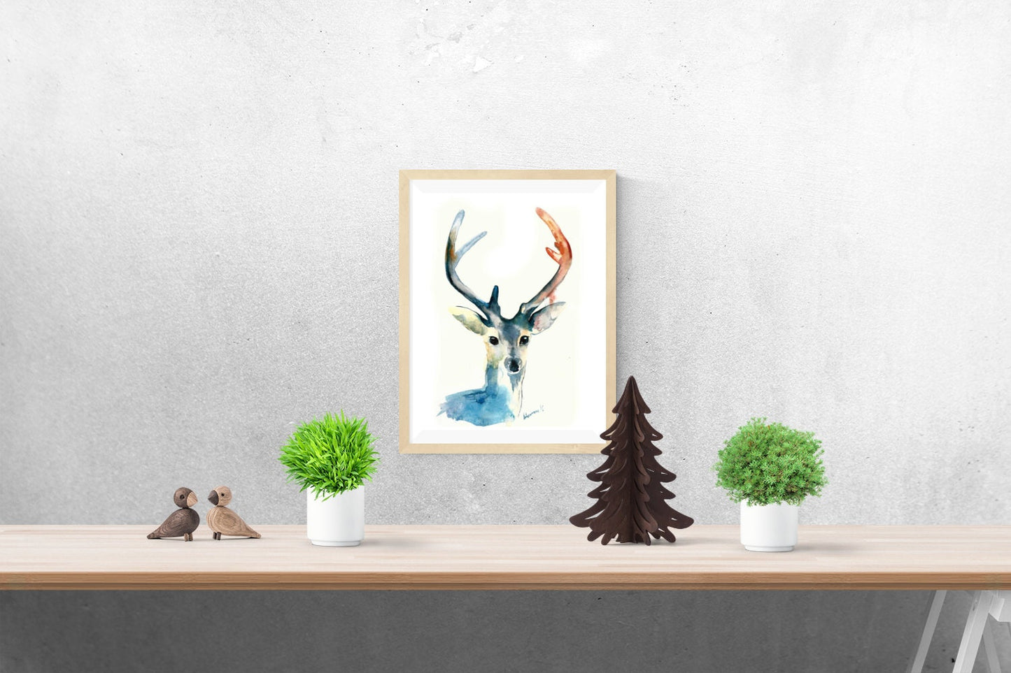 Woodland nursery art. Xmas Reindeer Watercolor Art Digital Print.