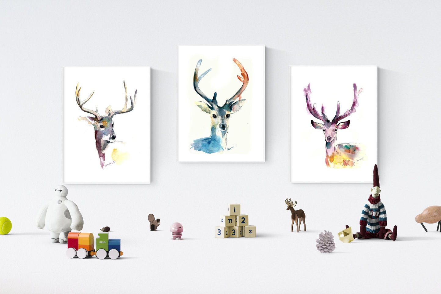 Woodland nursery art. Xmas Reindeer Watercolor Art Digital Print.