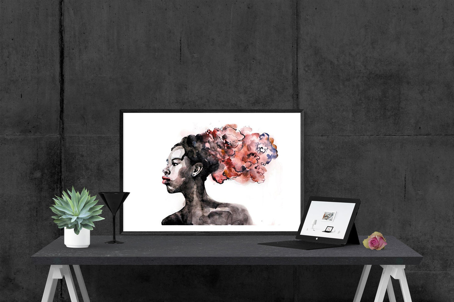African american wall art - woman portrait painting contemporary watercolor digital print