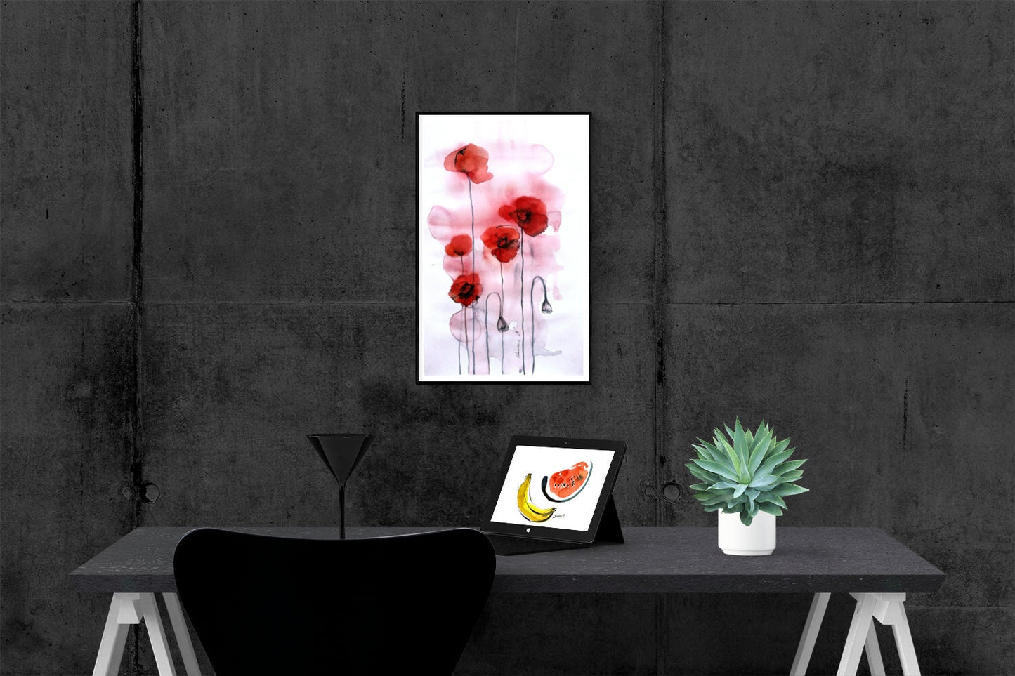 California poppy painting - original watercolor. Water color picture of red flowers