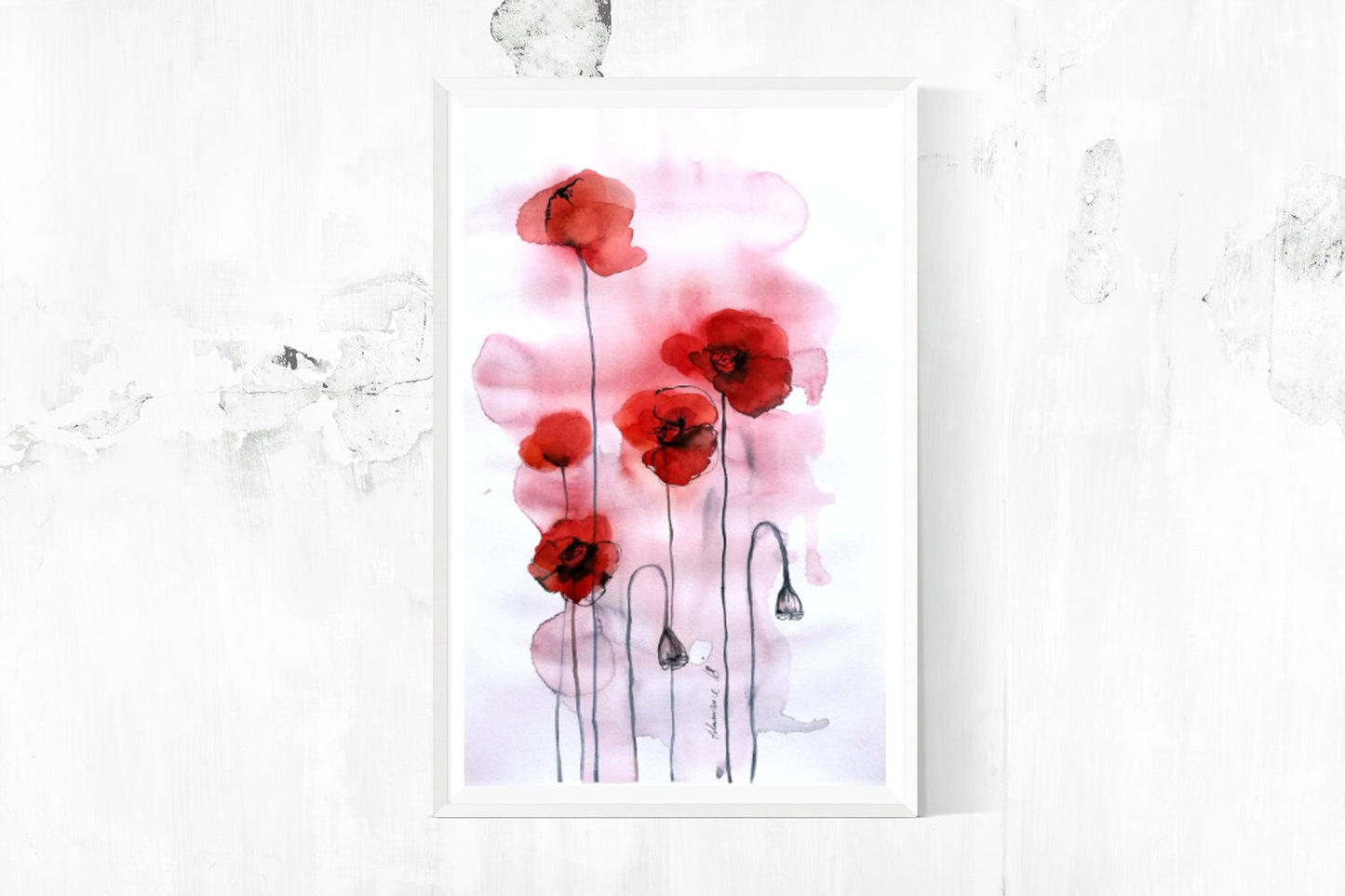 California poppy painting - original watercolor. Water color picture of red flowers
