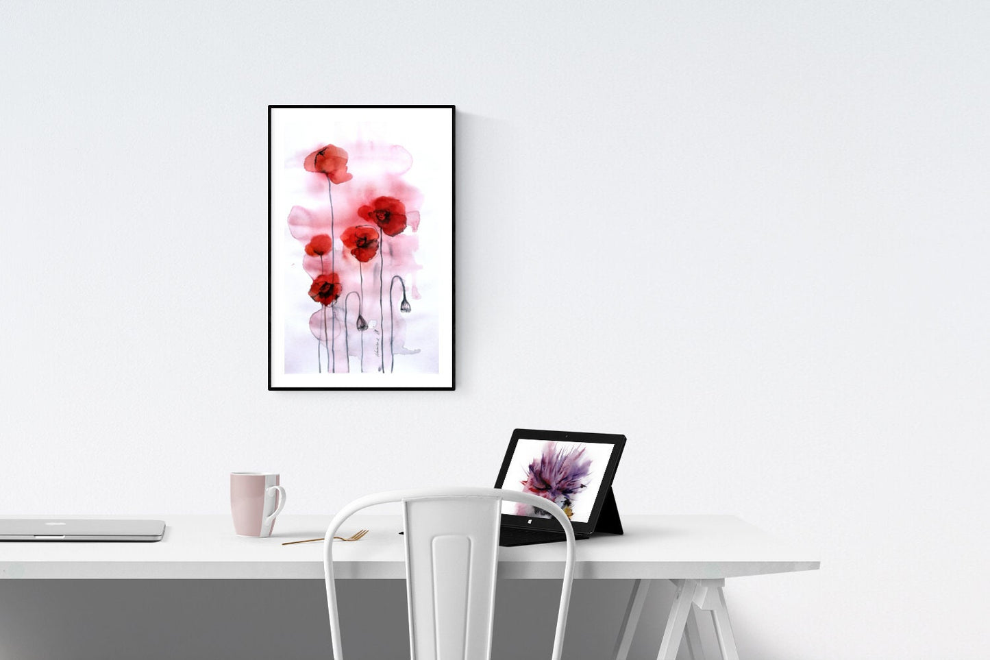 California poppy painting - original watercolor. Water color picture of red flowers