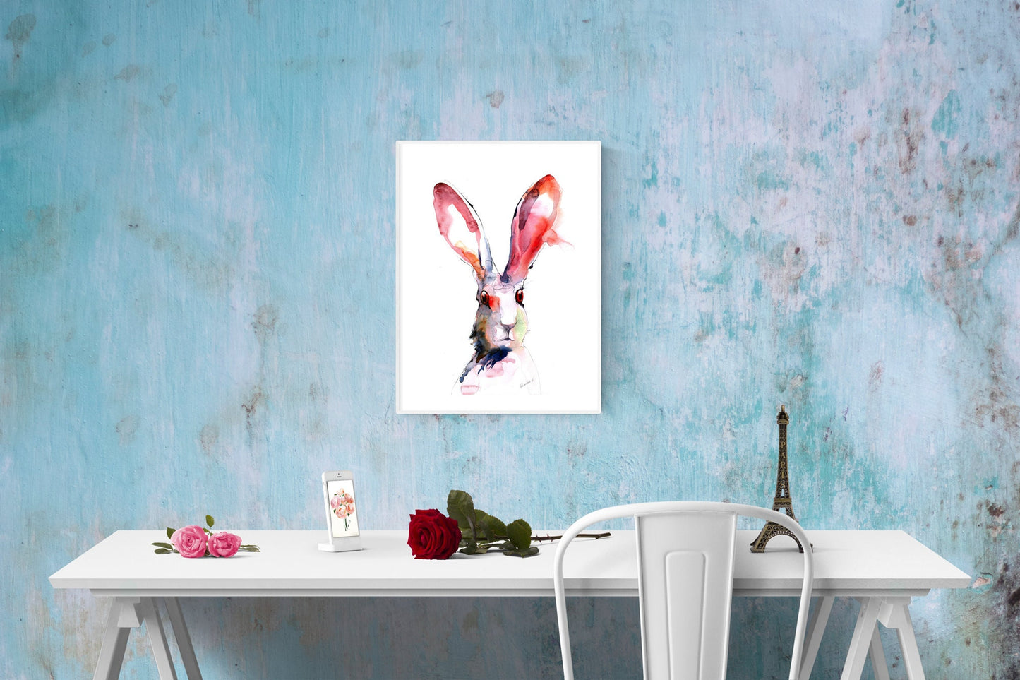 Bunny Poster - Pink Bunny Wall Art - watercolor nursery girls room digital prints