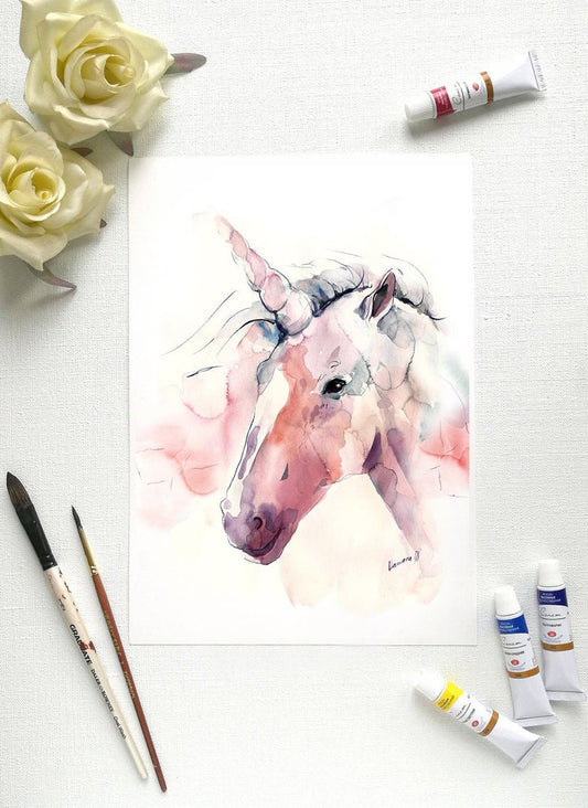 Unicorn print - watercolor nursery wall art. Unique gift for a little girl