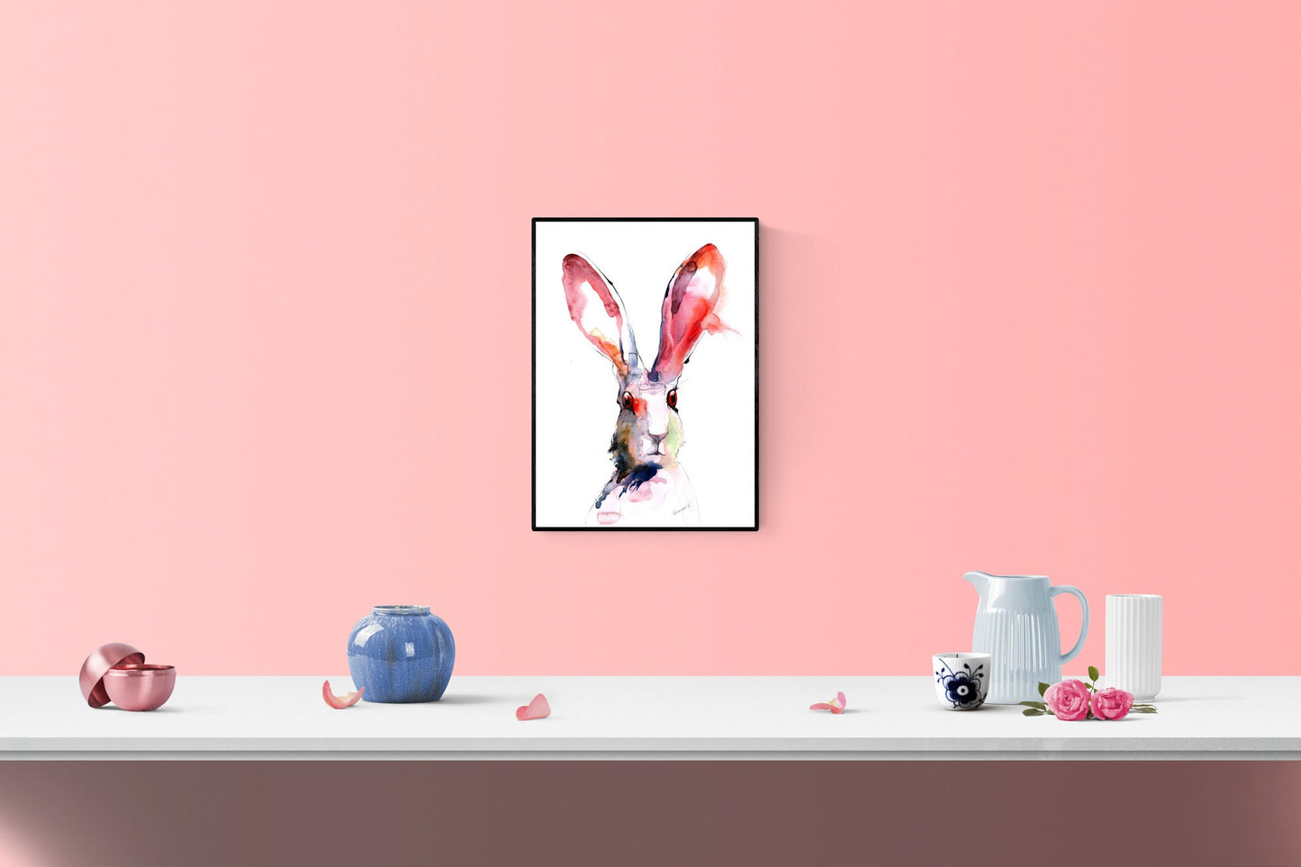Bunny Poster - Pink Bunny Wall Art - watercolor nursery girls room digital prints