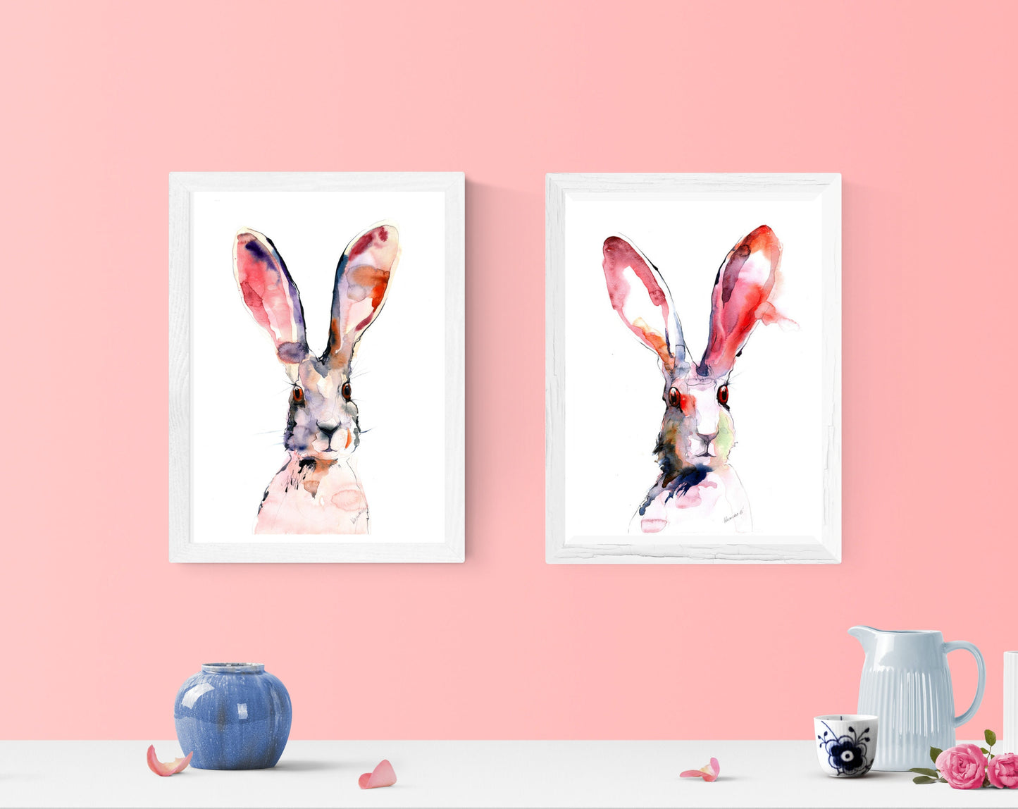 Bunny Poster - Pink Bunny Wall Art - watercolor nursery girls room digital prints