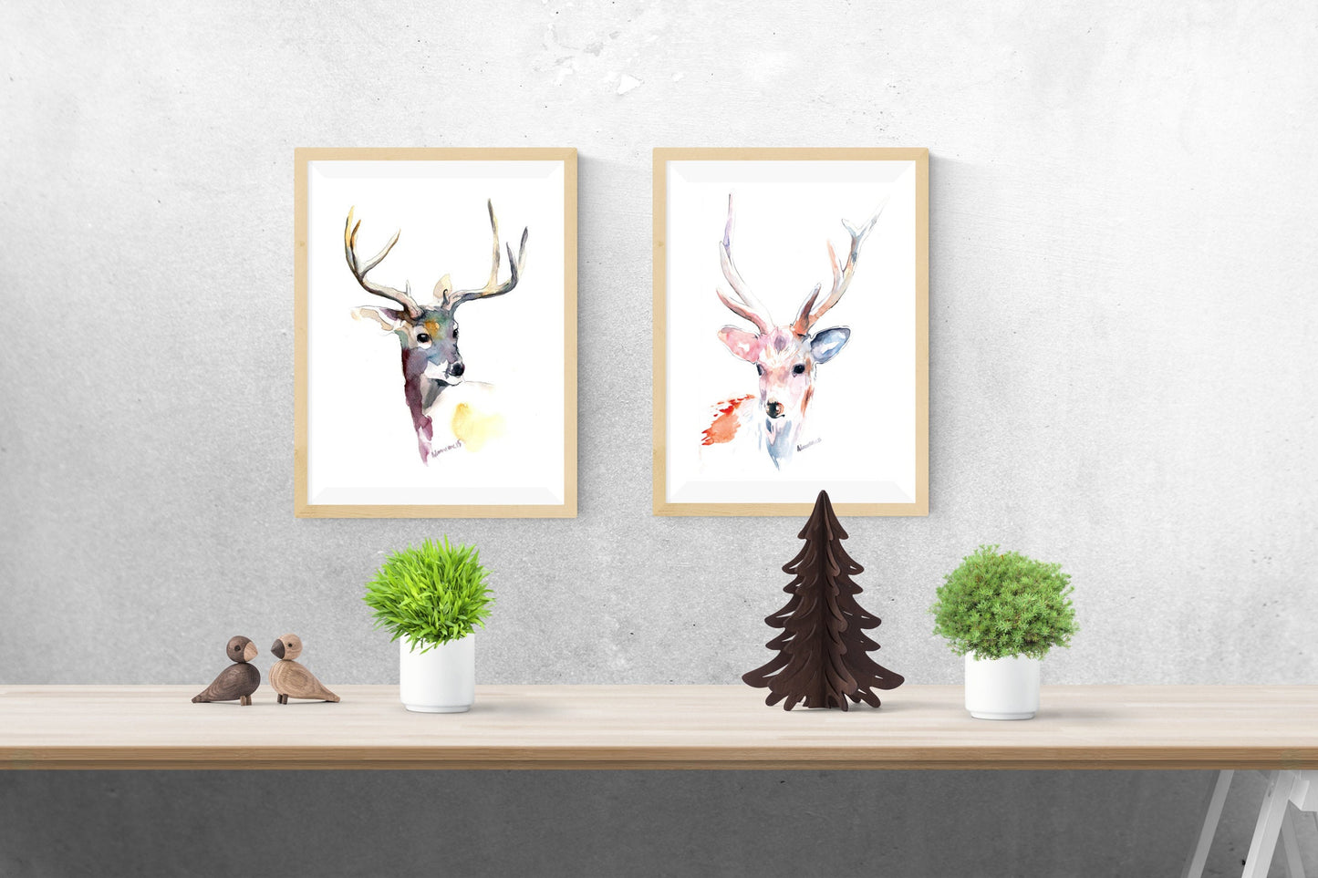 Deer artwork watercolor wall art print. White deer nursery watercolour