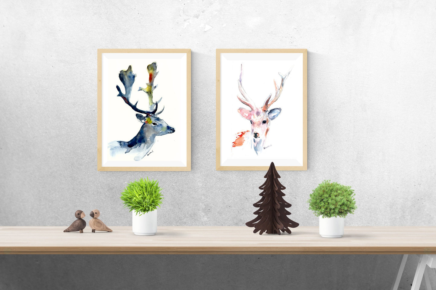 Deer artwork watercolor wall art print. White deer nursery watercolour