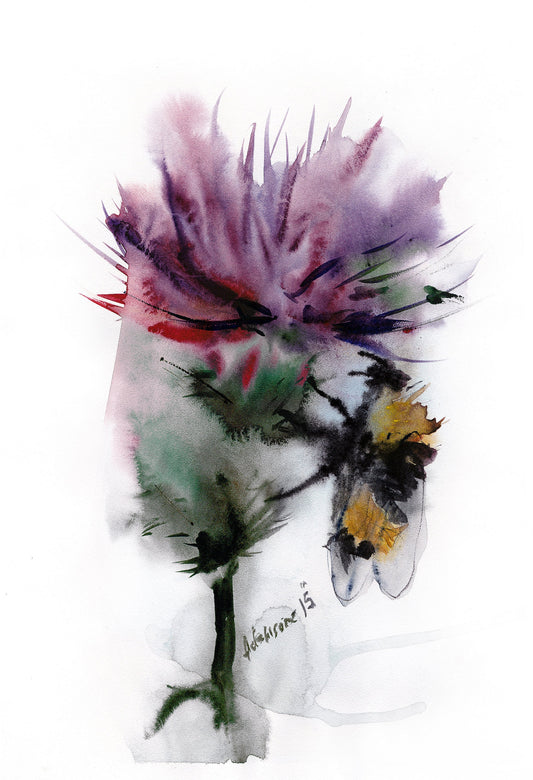 Thistle and Bee print watercolor. Purple and green watercolour picture.