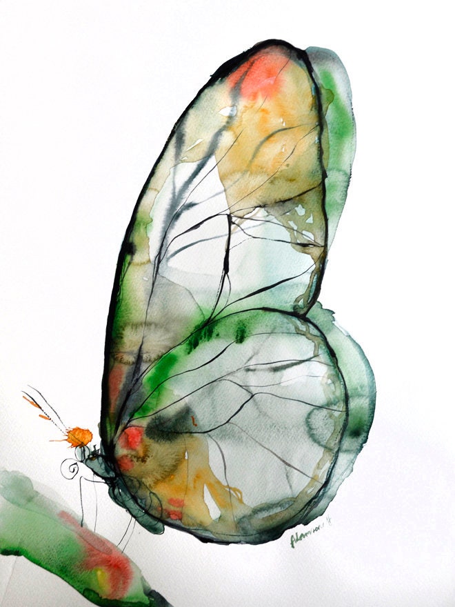Butterfly Art Print, Green and Yellow Watercolor Nature Room Decor