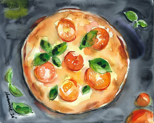 Pizza painting - Italian food art - watercolor original - kitchen or dining room decor