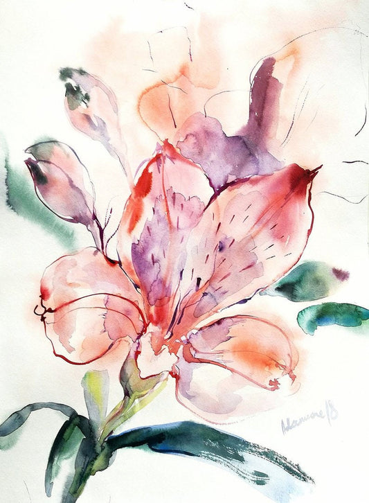 Flower abstract painting - original watercolor. Pink floral water color art for living room or bedroom